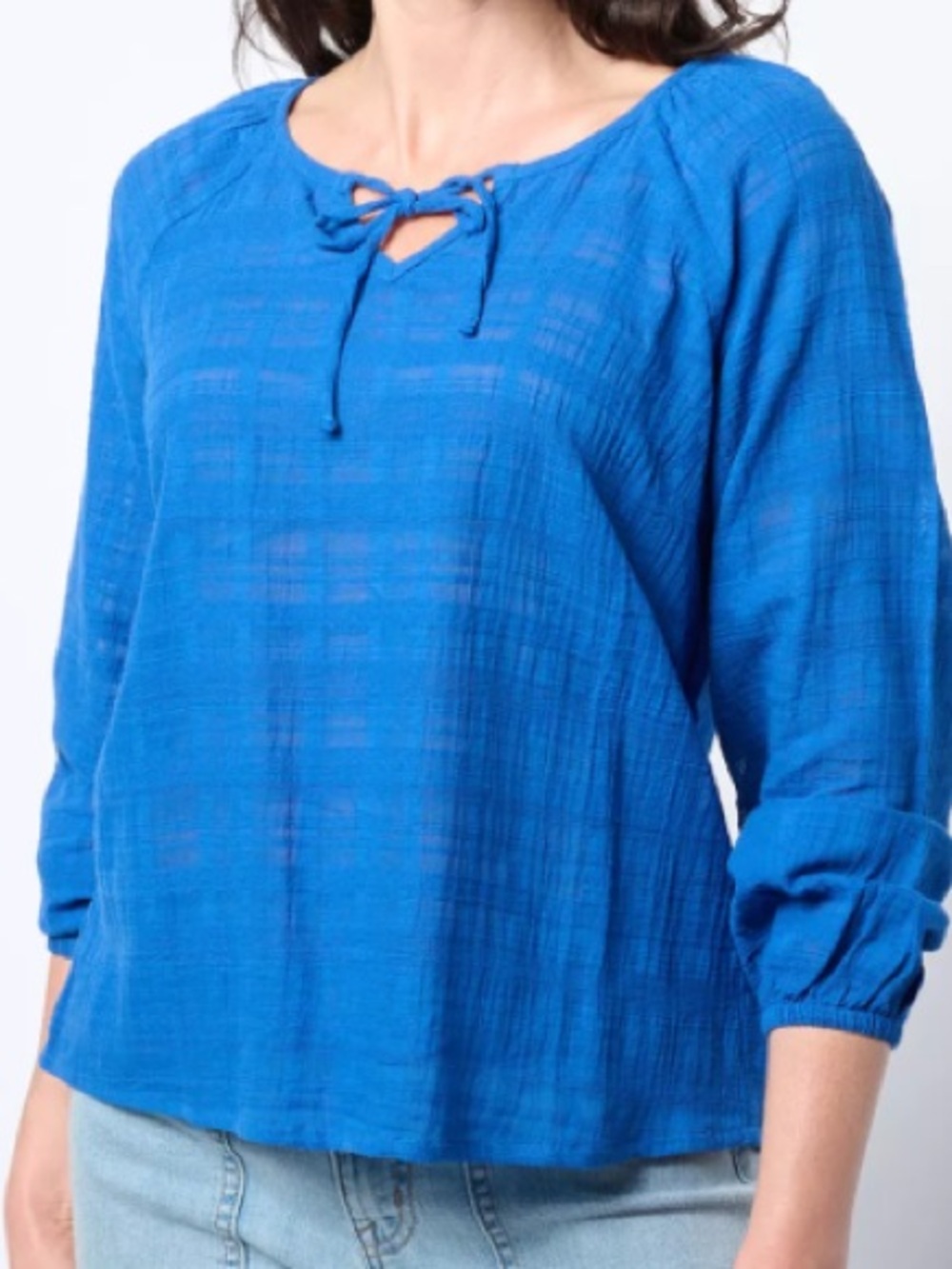 AnyBody Royal Blue Textured Tie-Neck Blouse
